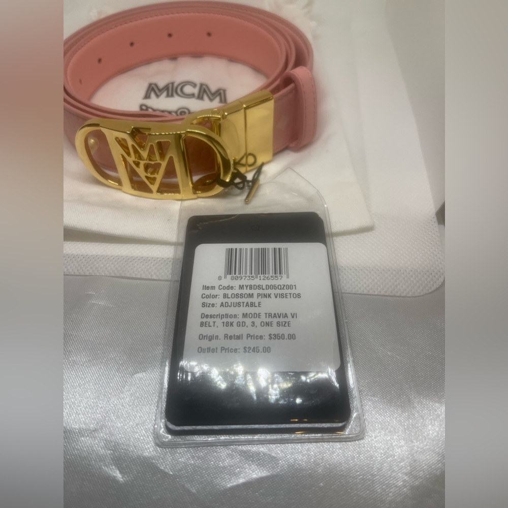 MCM ADJUSTABLE LEATHER BELT NWT COLOR BLOSSOM PINK WITH WHITE LOGO. 🌸 - Picture 3 of 8